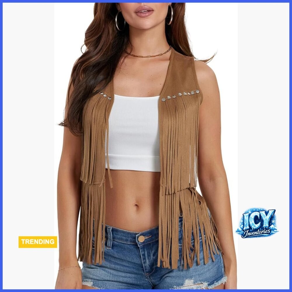 Faux Suede Fringe Vest Sleeveless Cowgirl Western Tassel Jacket